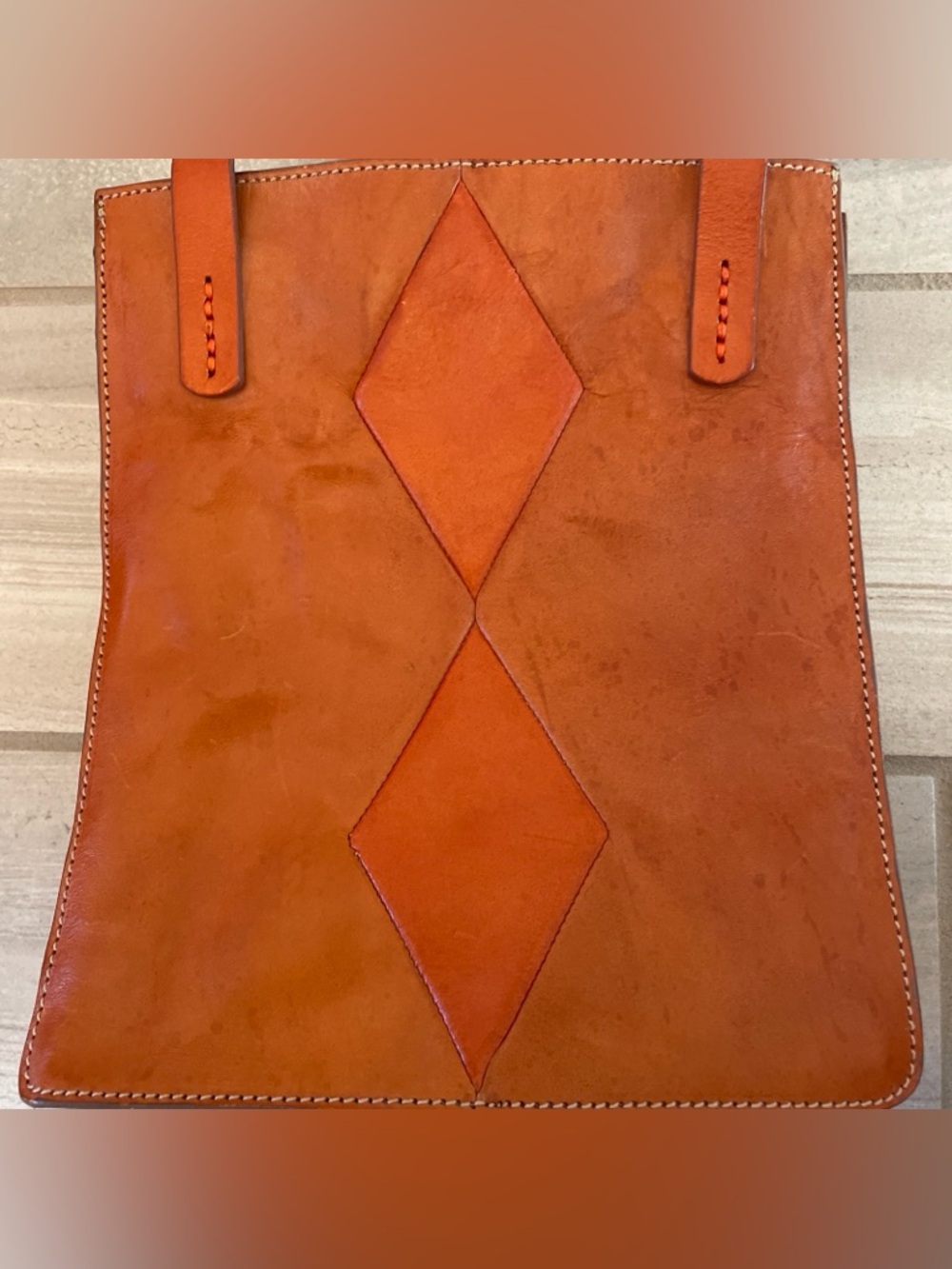 Johnny Farah Small Geometric Diamond Leather Tan Tote Bag Purse Handbag - Picture 13 of 15